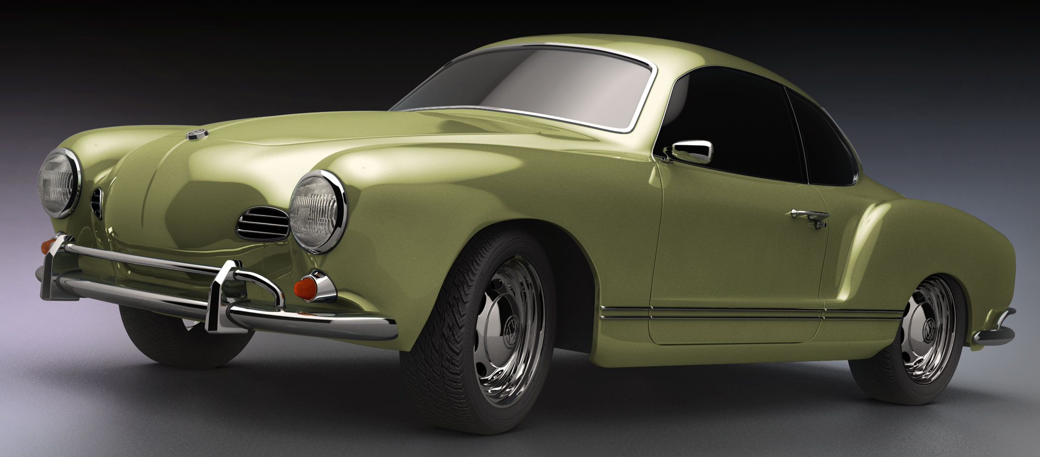 A 3D model and render of a 1969 Volkswagen Karmann Ghia.